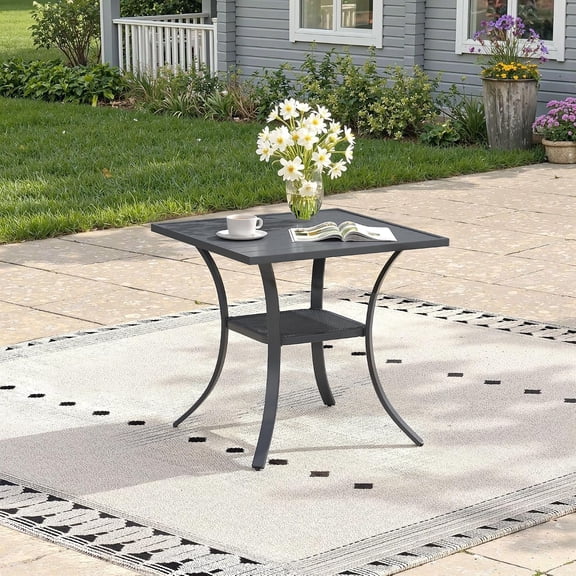 Outdoor Dining Table with Storage Shelf, 27.5" All-Weather Square Patio Dining Table for 2, Metal Patio Table for Garden Lawn Porch Deck Yard, Dark Grey