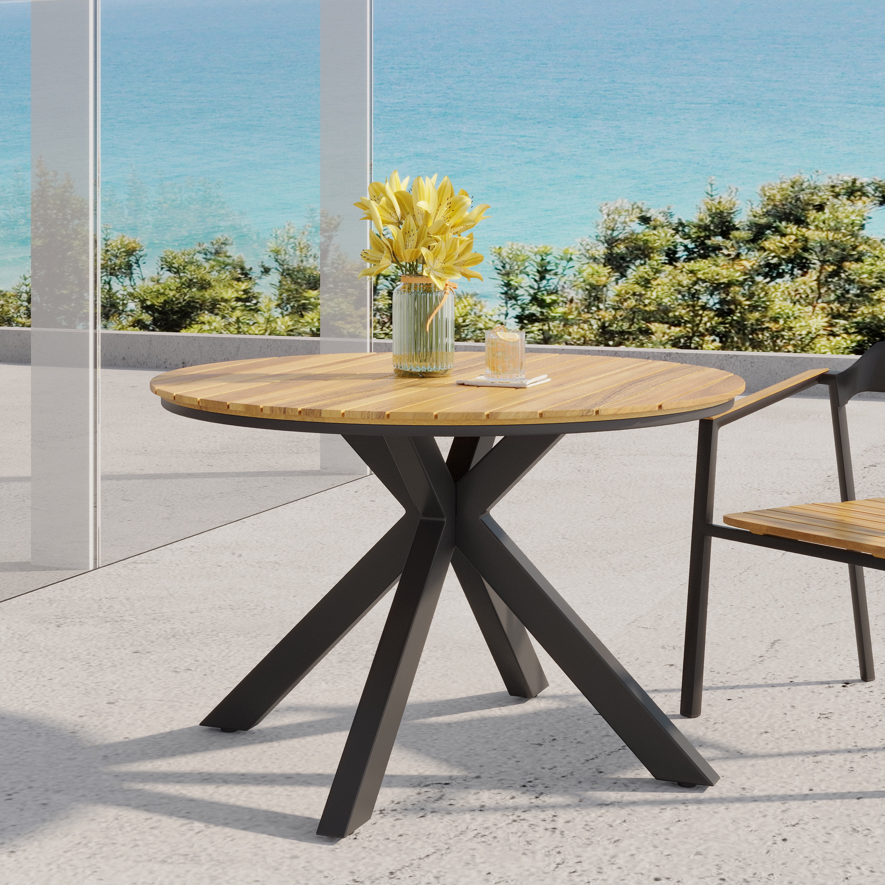 Outdoor Dining Table, Teak Acacia Wood Tabletop and Black Metal Leg for Patio Garden Deck, Teak