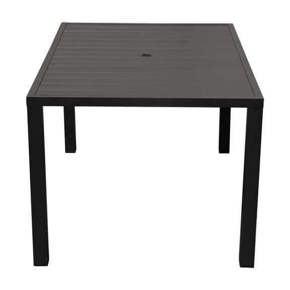Outdoor Dining Table for 4 Person,Square Slatted Metal Patio Table for Deck Garden Lawn Backyard Use with Umbrella Hole, Brown