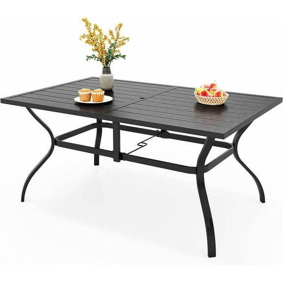 Outdoor Dining Table for 6, 60" Long Rectangular Metal Wrought Iron Table with Umbrella Hole, All-Weather Large Furniture for Patio, Backyard, Porch