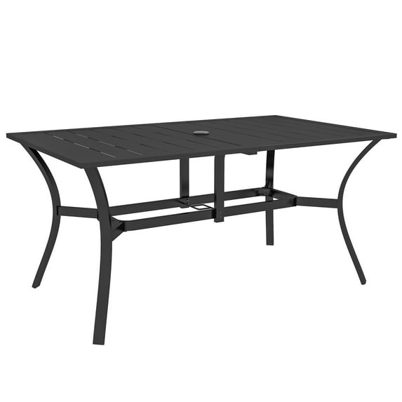 Outdoor Dining Table for 6 with Umbrella Hole, Steel Rectangular Patio Table for Garden and Balcony, Weather-Resistant Black Metal Frame
