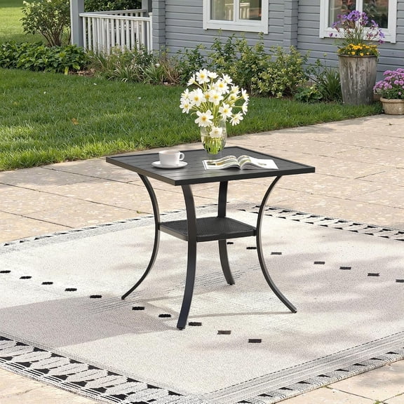 Outdoor Dining Table with Storage Shelf, 27.5" All-Weather Square Patio Dining Table for 2, Metal Patio Table for Garden Lawn Porch Deck Yard, Black