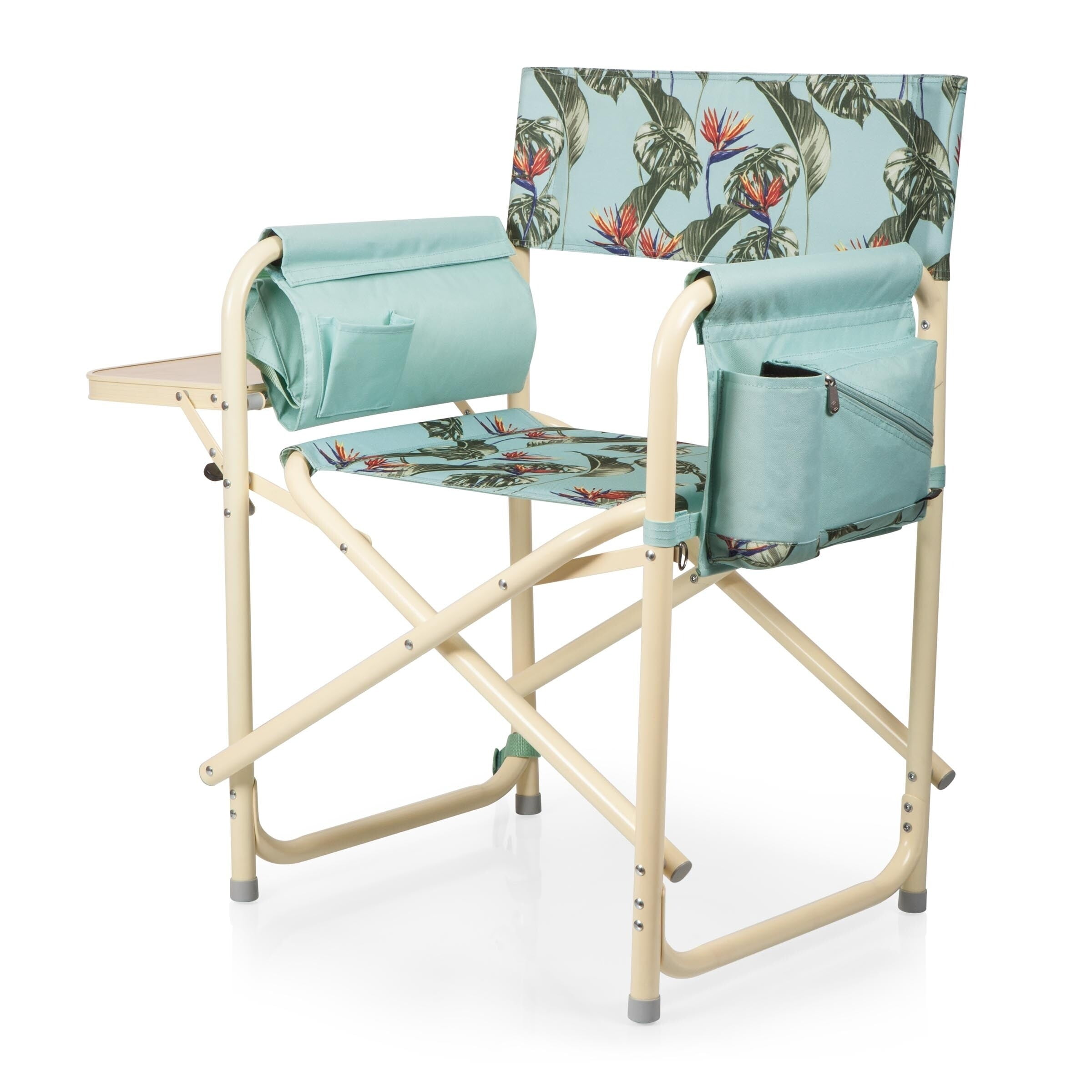 Tropical Foliage Blue Printed Aluminum Camping Chair with Side Table