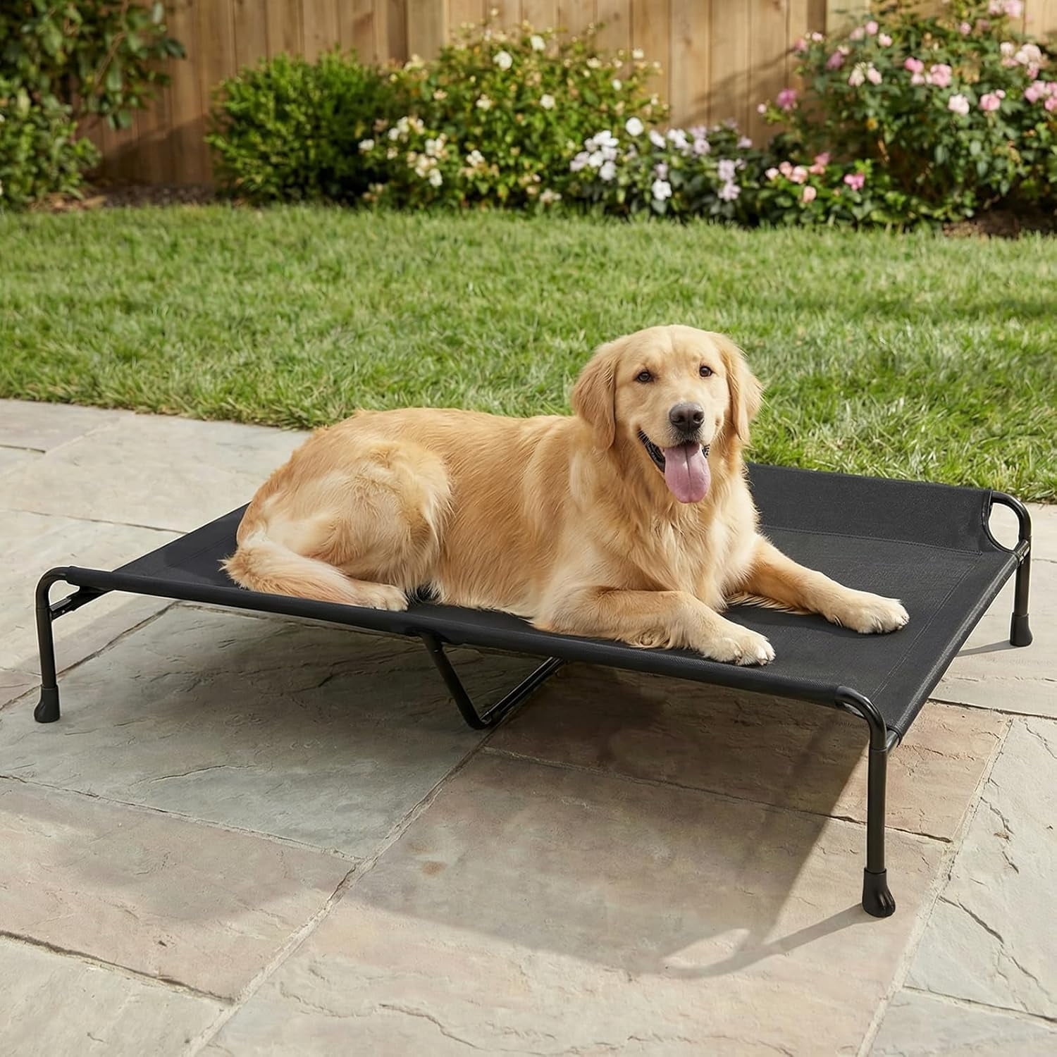 XXL Raised Dog Bed with Headrest Sides Washable Cooling Mesh Cot Non-Skid Feet Portable Pet Hammock Black 53.0"L x 33.0"W x 11.0"Th