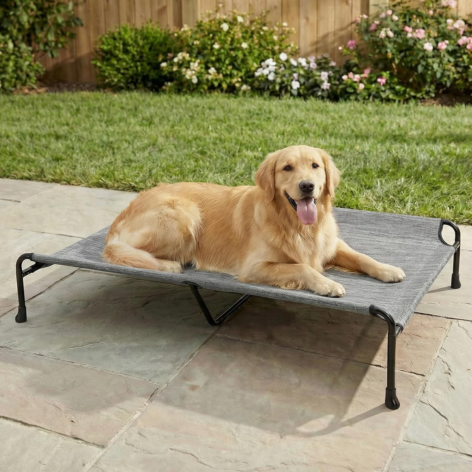 Outdoor Dog Bed, 53" XXL Raised Dog Bed, Elevated Dog Bed with Headrest, Washable Cooling Dog Cot with Non-Skid Feet, Breathable Mesh, Portable Pet Hammock for Indoor or Camping, Black Silver