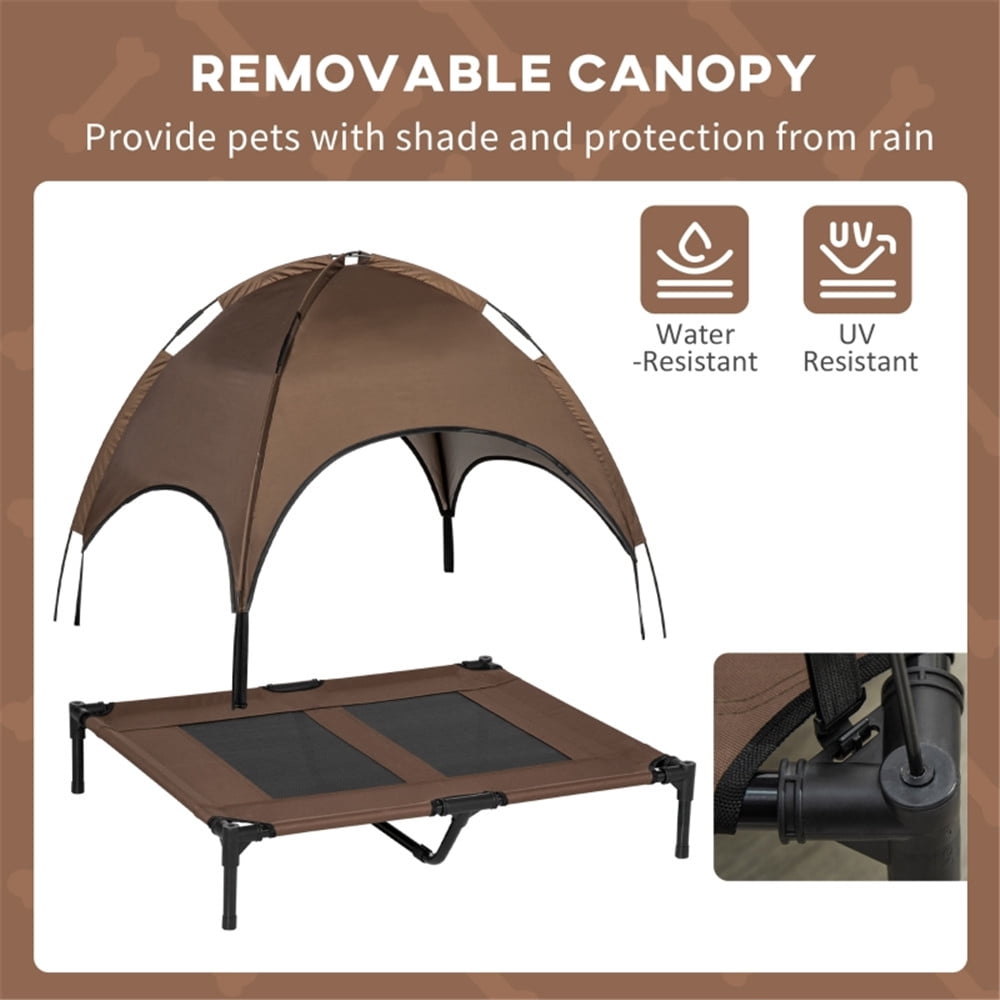 Outdoor Dog Bed with Removable Canopy, Raised Dog Cot with Anti-Slip Feet, Breathable Mesh for Indoor & Outdoor Use, Portable Cooling Pet Bed for Dogs Up to 66LBS, Coffee & Black