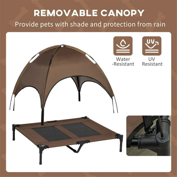 Outdoor Dog Bed with Removable Canopy, Raised Dog Cot with Anti-Slip Feet, Breathable Mesh for Indoor & Outdoor Use, Portable Cooling Pet Bed for Dogs Up to 66LBS, Coffee & Black