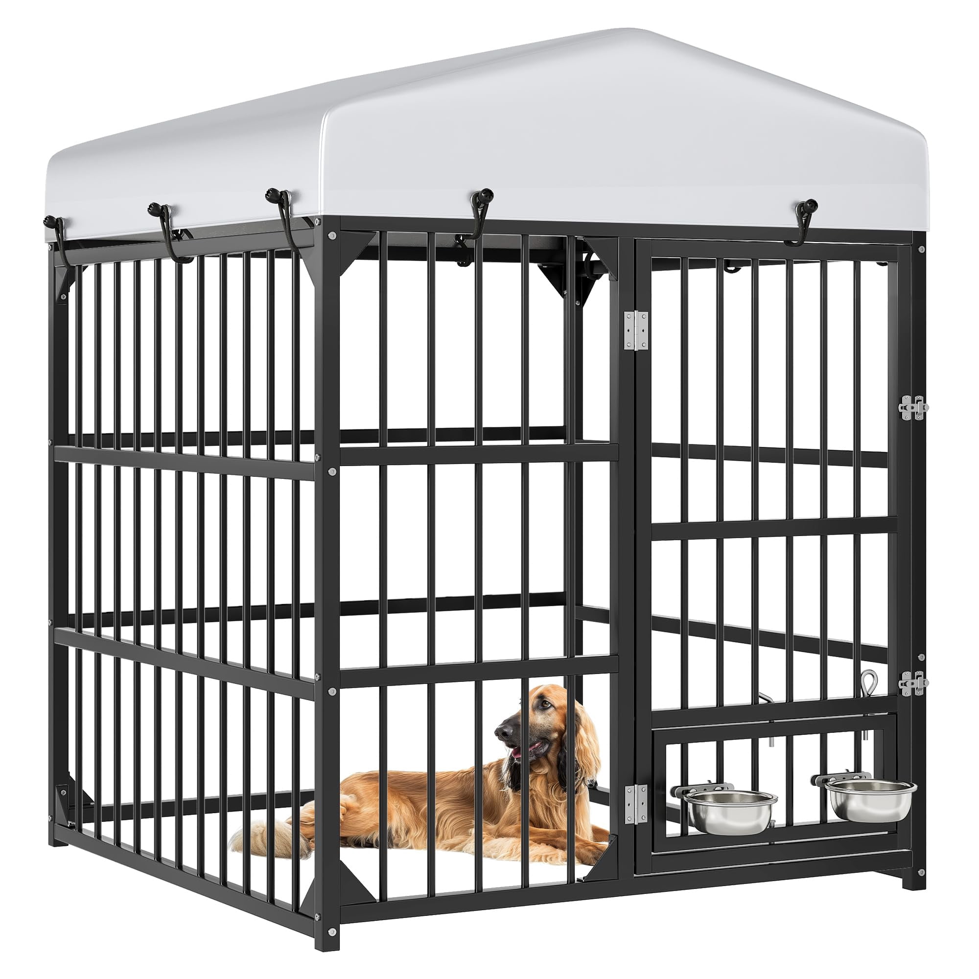 Outdoor Dog Enclosure With Rotating Feeder Bowls  4'l X 4'w 5'h Outside Kennel Roof Heavy Duty Cage For Small Medium Dogs