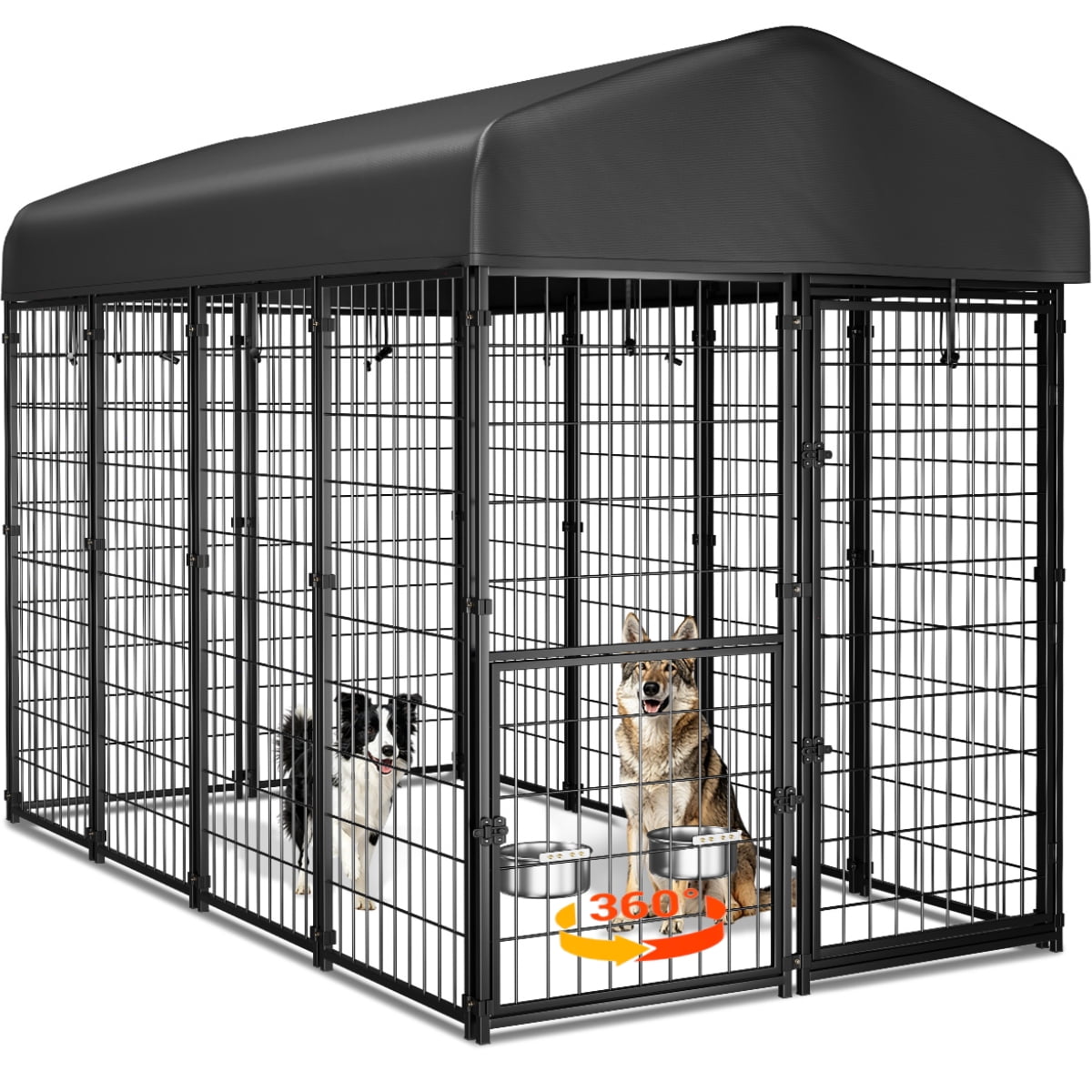 Outdoor Dog Kennel with Roof, Food & Water Feeder Door, Large Dog Run Pen for Outside, Heavy Duty Metal Dog Cage Enclosure, Playpen Fence at Walmart