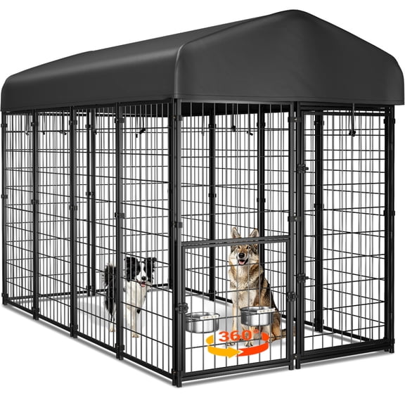 DOMIPET Outdoor Dog Kennel with Roof, Food & Water Feeder Door, Large Dog Run Pen for Outside, Heavy Duty Metal Dog Cage Enclosure, Playpen Fence