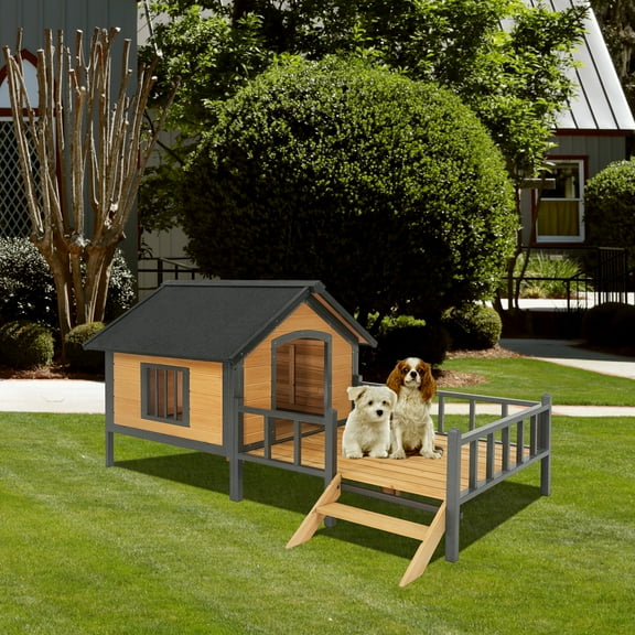 Outdoor Dog House,Large Wooden Dog Kennel with Porch,All-Around Iron Frame House Style for Cat Dog
