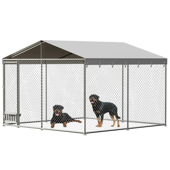 Outdoor Dog Kennel, 10x10 Ft Heavy Duty Dog Enclosure with Waterproof Cover Roof, Large Dog House with Secure Lockable Door for Outside Backyard