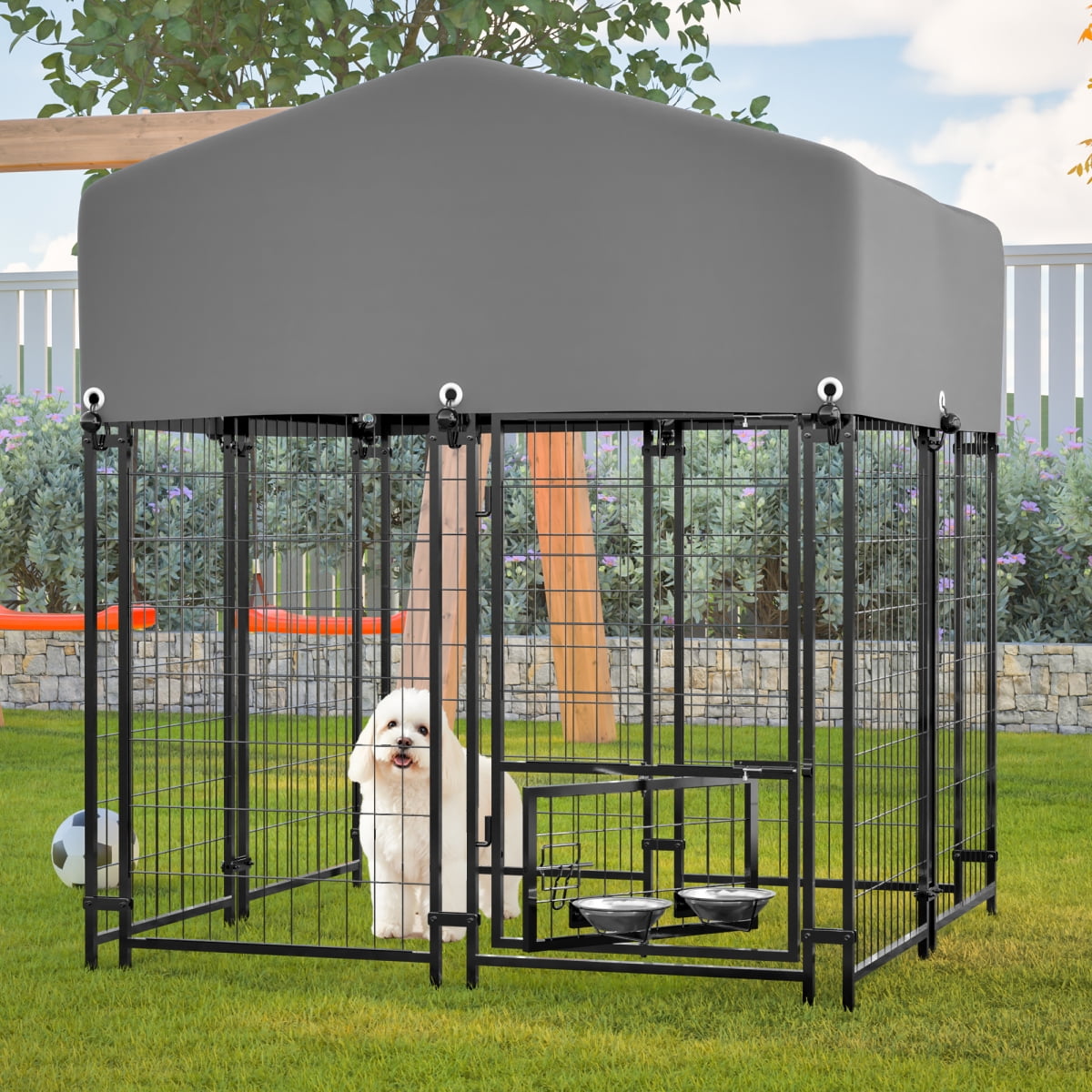 Outdoor Dog Kennel 4.23x3.83x4.83 FT with Roof Heavy Duty Welded Wire Crate All Weather Protection Safe Lock for Dogs and Pets