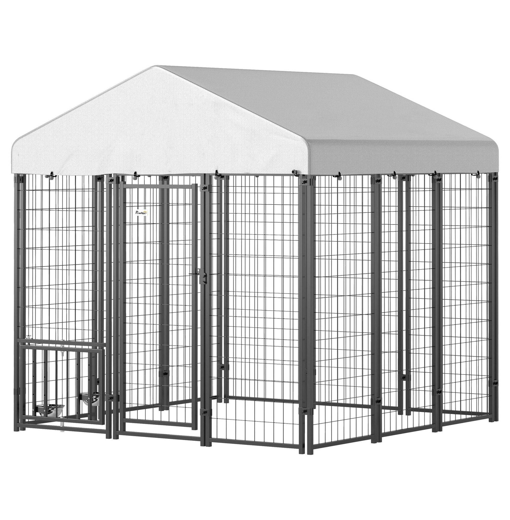Outdoor Dog Kennel 5.9'x5.9'x6', Large Dog Run with Roof, Rotating Bowls & Adjustable Height Racks - Secure Pet Enclosure