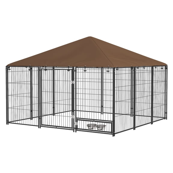 Outdoor Dog Kennel 6.9' x 4.6' x 5', Puppy Play Pen with Canopy & Bowls - Black Dog Run