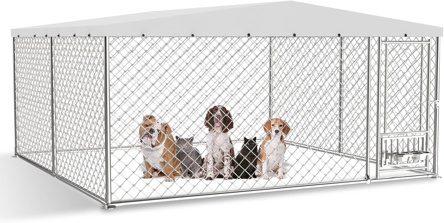 Outdoor Dog Kennel with Bowls 10x10 FT, Heavy Duty Large Outside Dog Enclosure with UV-Resistant Waterproof Sun-Proof Cover, Double Security Locks for Backyard Farm Ranch