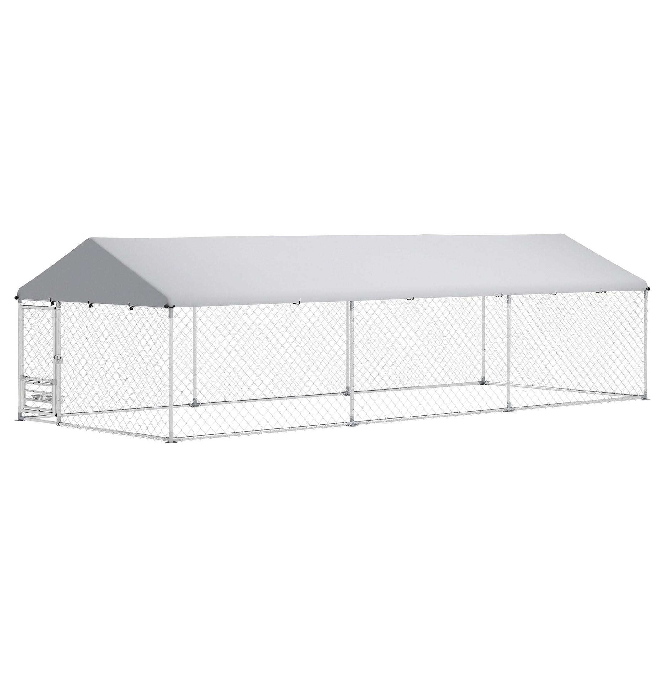 Outdoor Dog Kennel Large, 19.7' x 7.5' x 5.2' Dog Run with Roof, Adjustable Bowl Rack, Waterproof Cover & Secure Lock