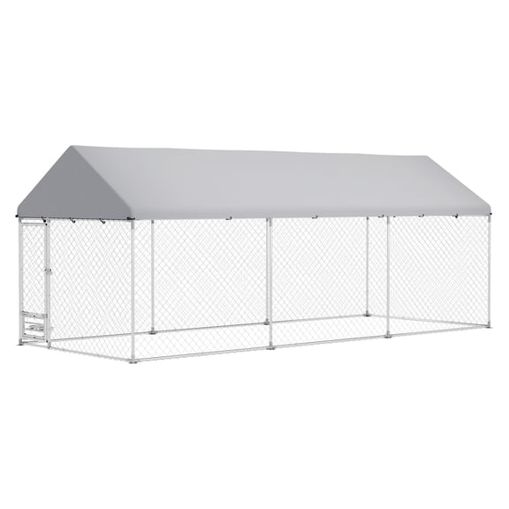 Outdoor Dog Kennel Large, 19.7'x7.5'x7.5' Dog Run w/Adjustable Bowl Rack, Waterproof UV Cover, Galvanized Steel Secure Lock, Pet Kennel for Large Dogs