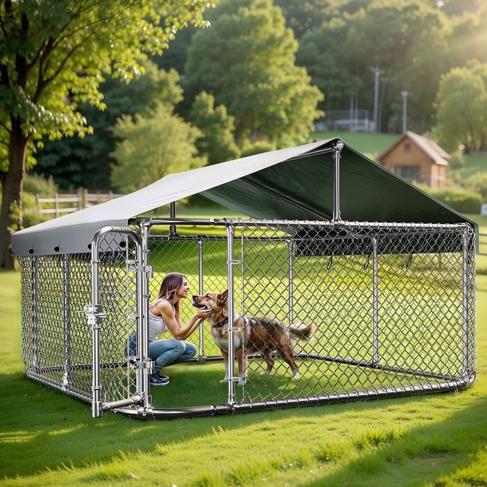 DOMIPET 10 x 10FT Large Outdoor Dog Kennel with Waterproof Roof, Heavy Duty Shade Dog Cage Pet Kennel House, Dog Enclosure for Outside, Dog Fence Playpen Weatherproof Shelter