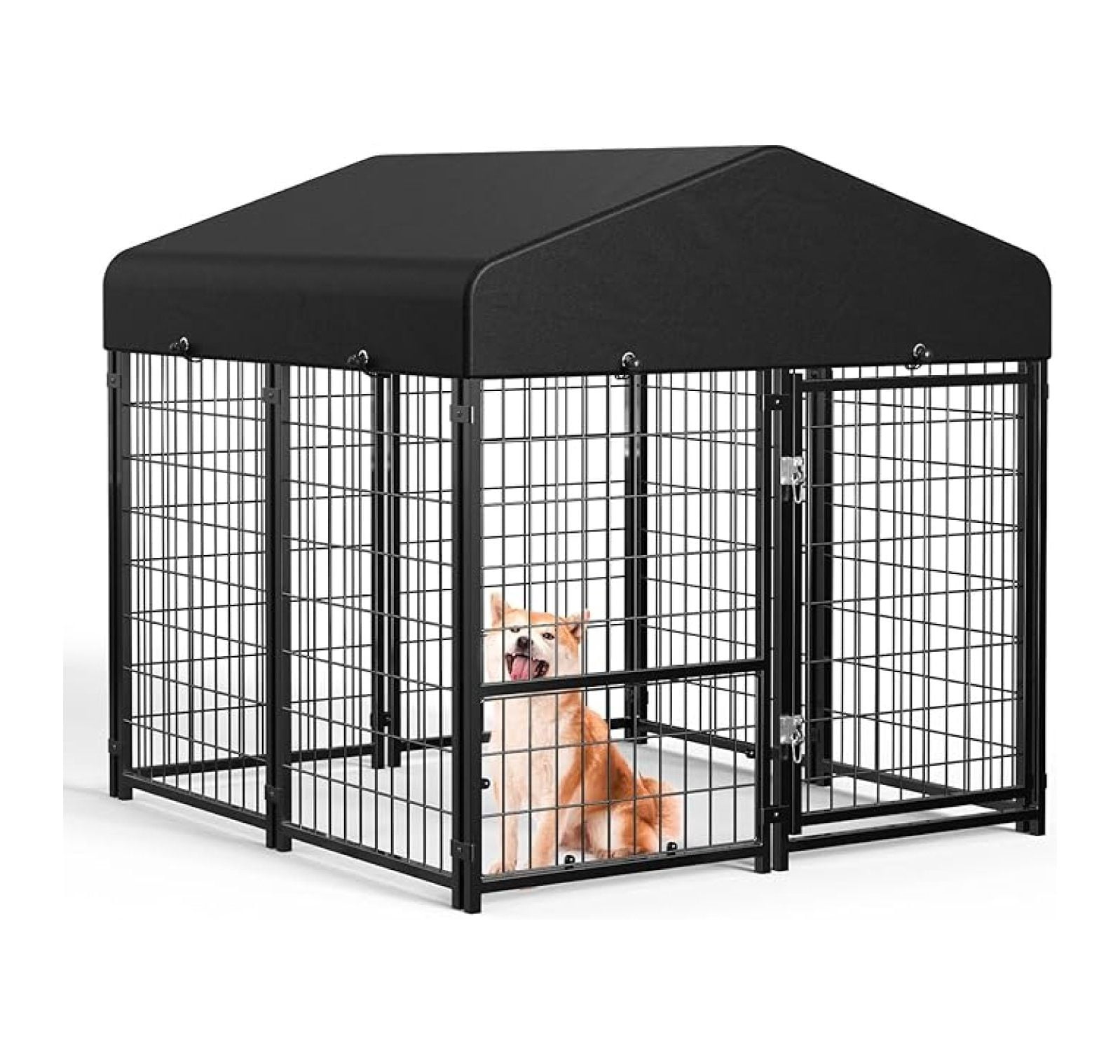 Outdoor Dog Kennel Outside Run with Doggy Door&Waterproof Roof - 4x4x4.6FT Large Dog Kennels Pens Outside for Small/Medium Dogs - Heavy Duty Cage Yard (Can Connect to Your Dog House)