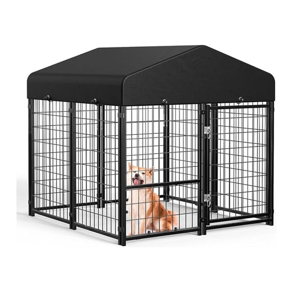 Outdoor Dog Kennel Outside Run with Doggy Door&Waterproof Roof - 4x4x4.6FT Large Dog Kennels Pens Outside for Small/Medium Dogs - Heavy Duty Cage Yard (Can Connect to Your Dog House)