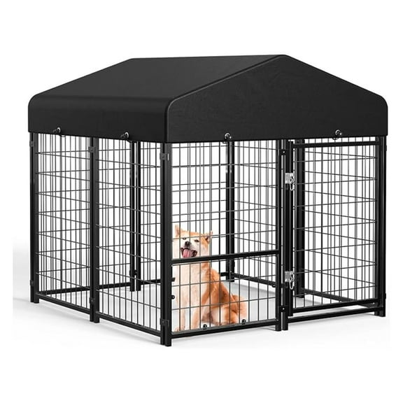 Outdoor Dog Kennel Outside Run with Doggy Door&Waterproof Roof - 4x4x4.6FT Large Dog Kennels Pens Outside for Small/Medium Dogs - Heavy Duty Cage Yard (Can Connect to Your Dog House)