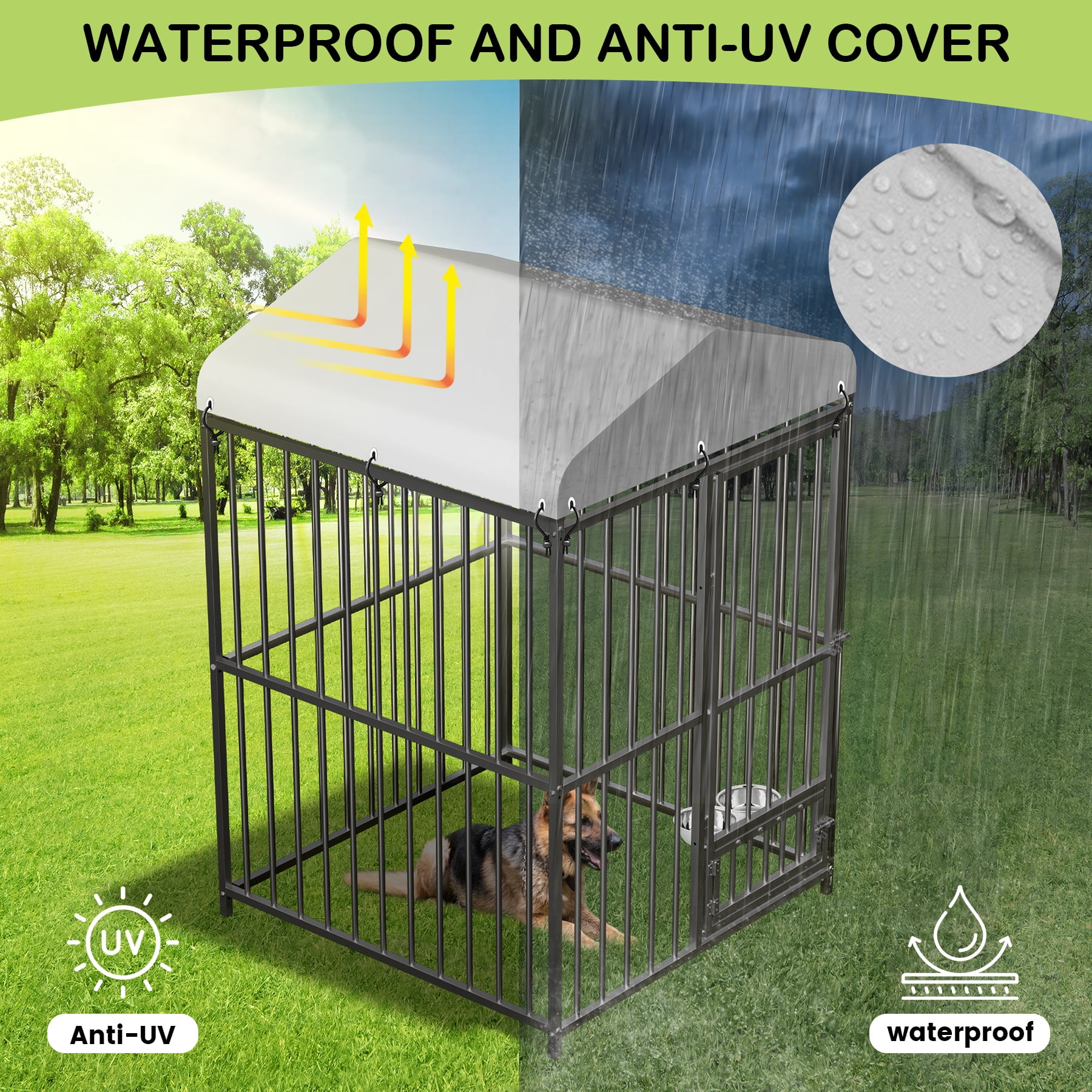 Outdoor Dog Kennel with Roof - 4x4x6FT Heavy Duty Metal Dog Cage, UV-Resistant Waterproof Cover, Rotating Feeding Bowl, Safety Locks for Medium & Large Dogs