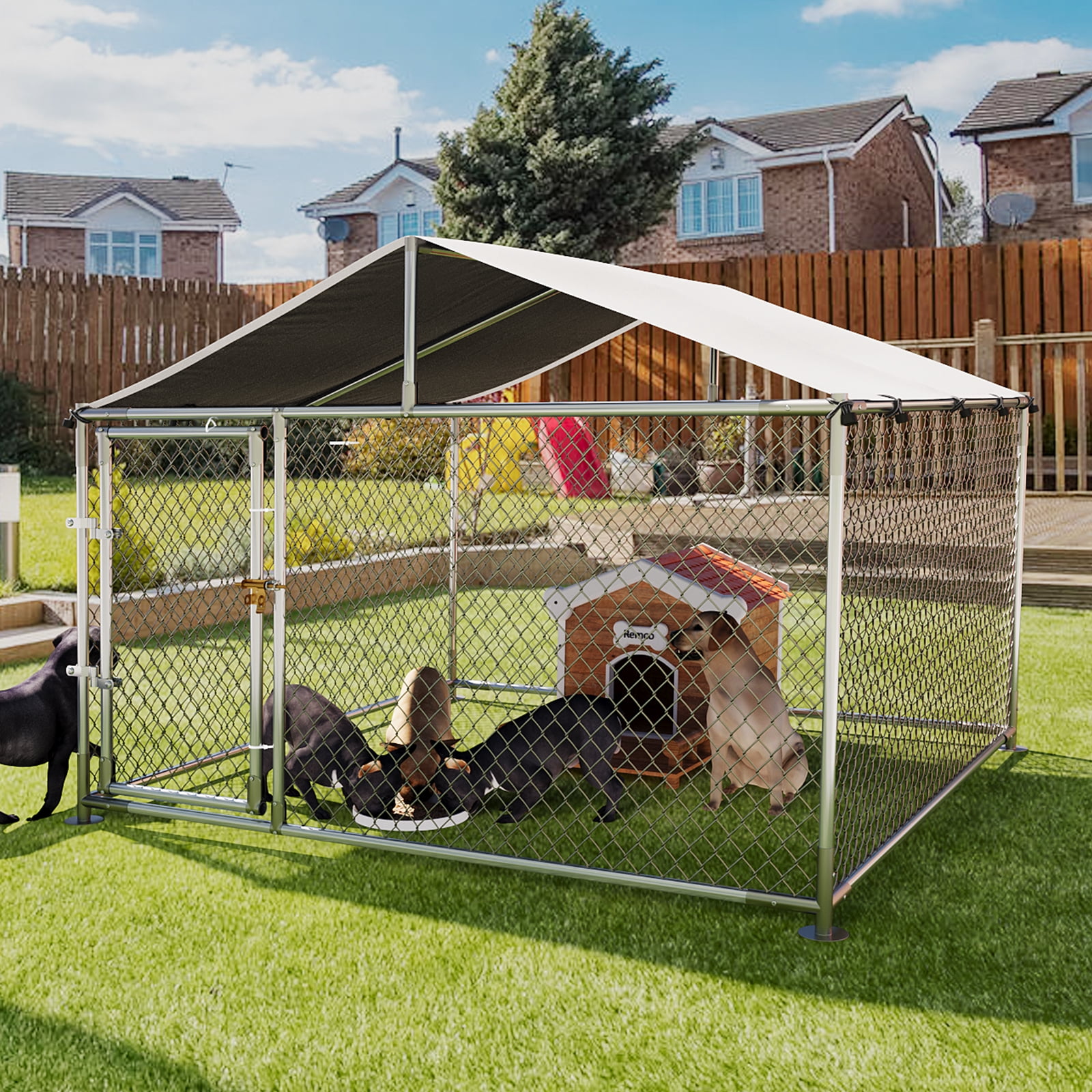 Outdoor Dog Kennel with Roof, Heavy Duty Welded Wire Dog Playpen Enclosure with Escape-Proof Lock, UV-Resistant & Waterproof Cover, for Medium Dogs, Chickens, Ducks