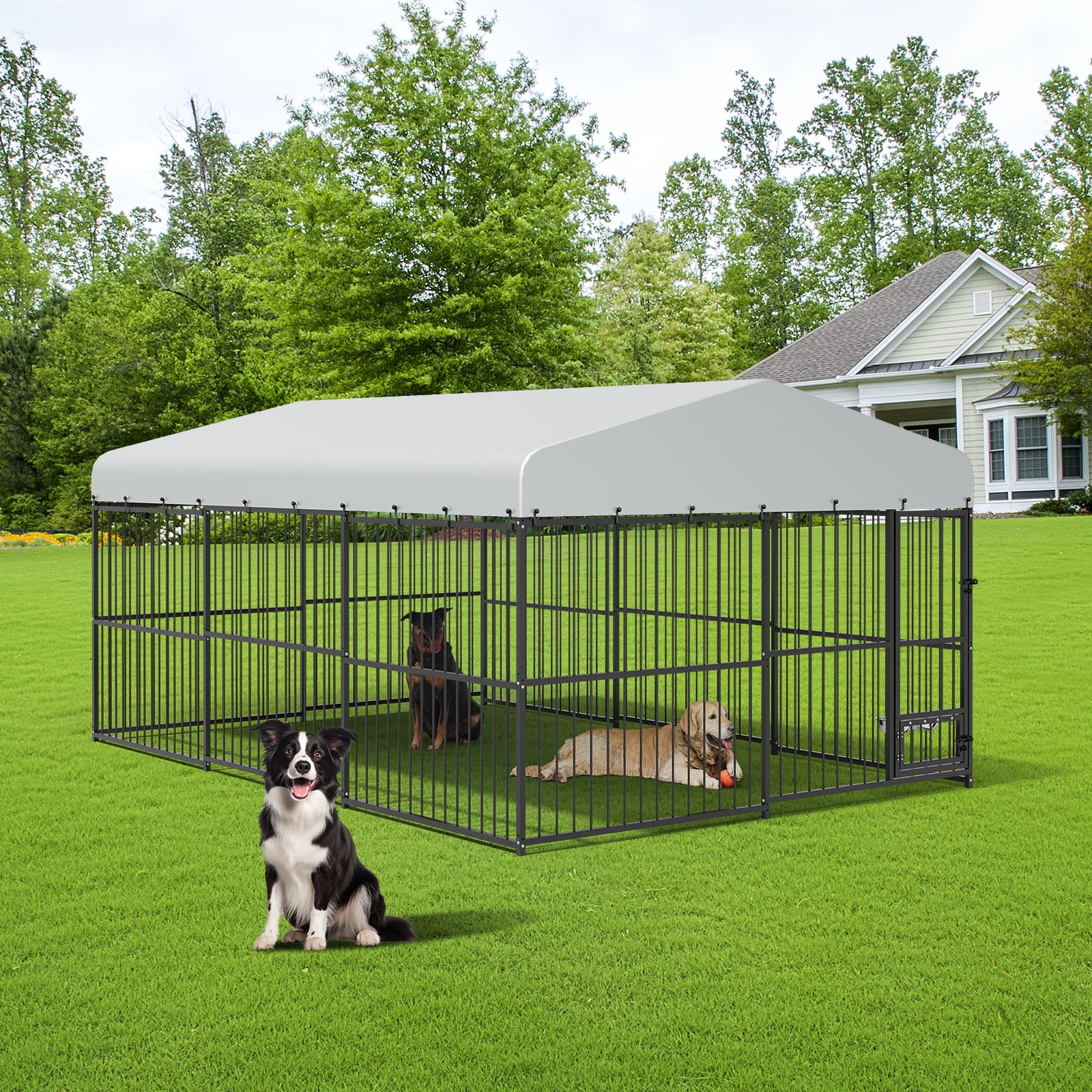 Outdoor Dog Kennel and Run, Large Galvanized Metal Pet Run with Waterproof UV-Roof, Large Dog Kennel Outdoor with Lockable Gate for Backyard, Garden, Chicken Coop Run,10x15 ft