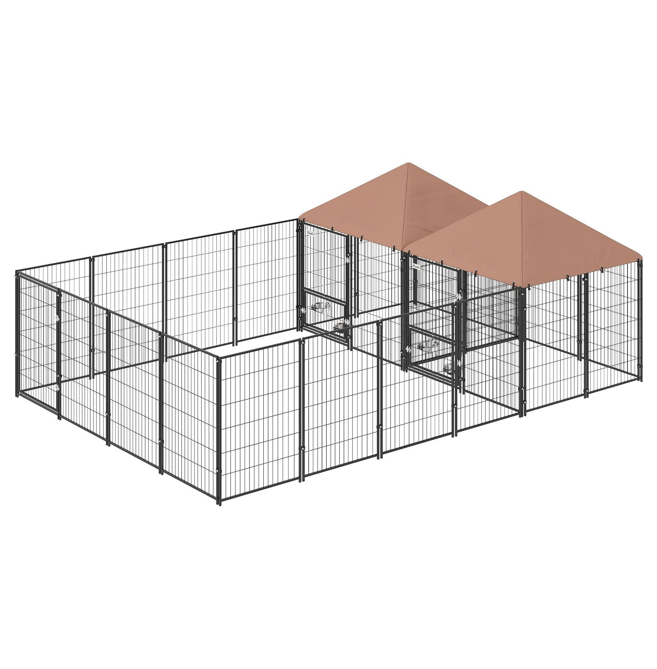 Outdoor Dog Kennel with 2 Rooms, Rotating Bowls 13.5'x9.4'x5.1' - Large Dog Run, Pet Playpen with UV Protection & Secure Latch