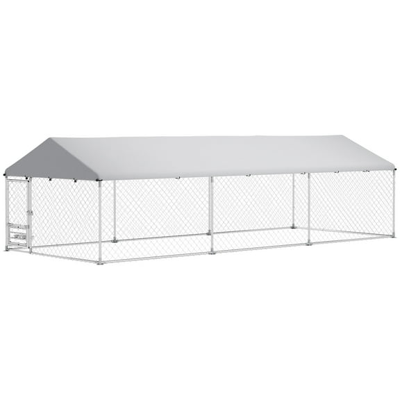 Outdoor Dog Kennel with Adjustable & Rotatable Bowl Rack, Waterproof Cover, Secure Lock, 19.7' x 7.5' x 5.2'