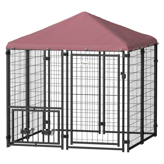Outdoor Dog Kennel with Cover, 4.6'x4.6'x5' Welded Wire Dog Run, 360 Rotating Bowls, Adjustable Height, Lockable Gate for Medium Dogs up to 44 lbs