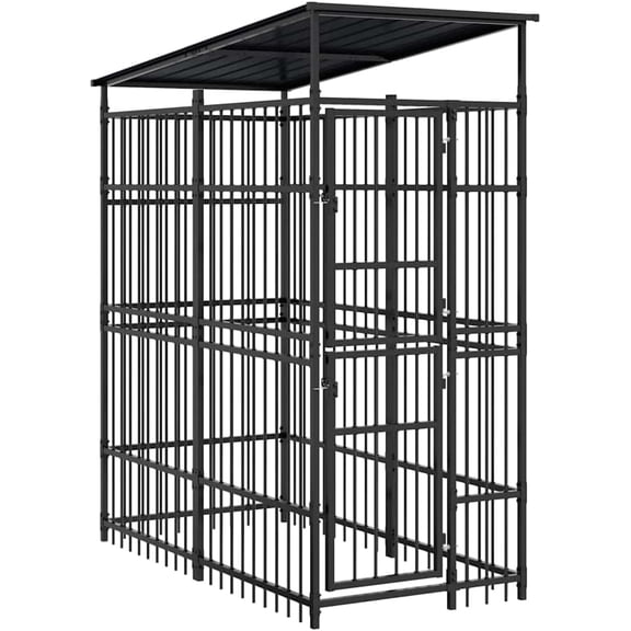 Outdoor Dog Kennel with Roof, 19.8 sq ft Steel Dog Run Enclosure for Playing and Training, Lockable Hinged Door for Security
