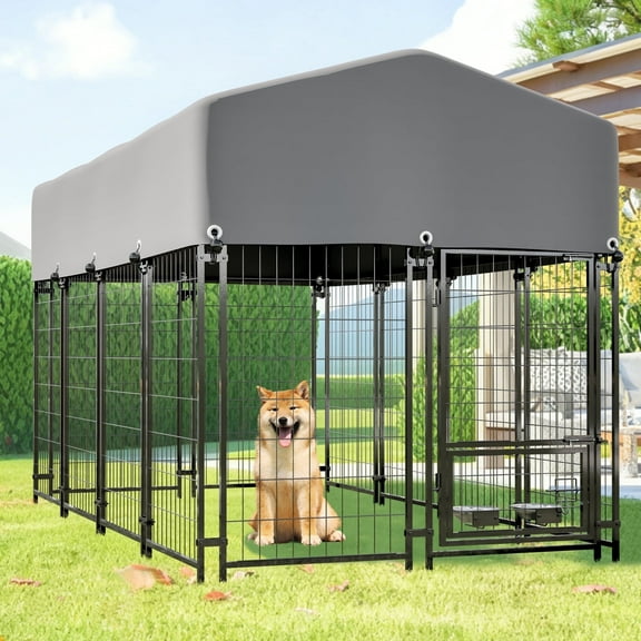 Outdoor Dog Kennel with Roof, 7.8'x3.8'x4.8' Welded Wire Dog Kennel Outside Run with 360° Rotating & 2 Bowls, for S&M&L Breeds, Chickens, Ducks