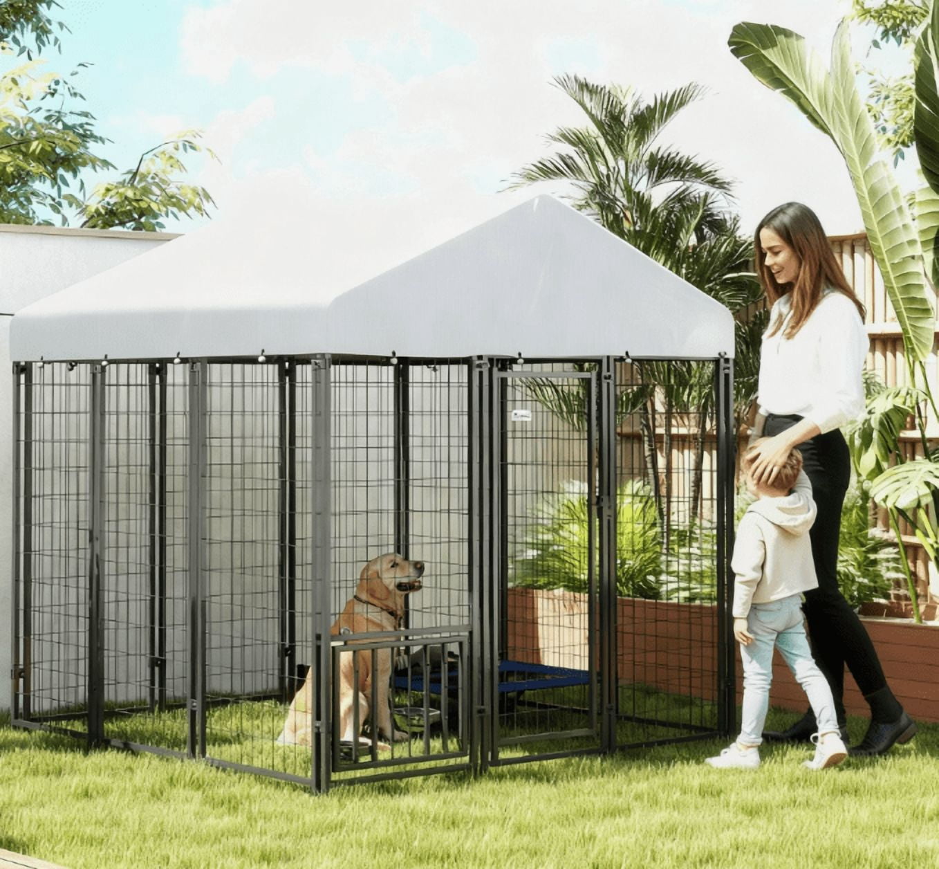 Outdoor Dog Kennel with Roof, Rotating with 4-Level Adjustable Bowls