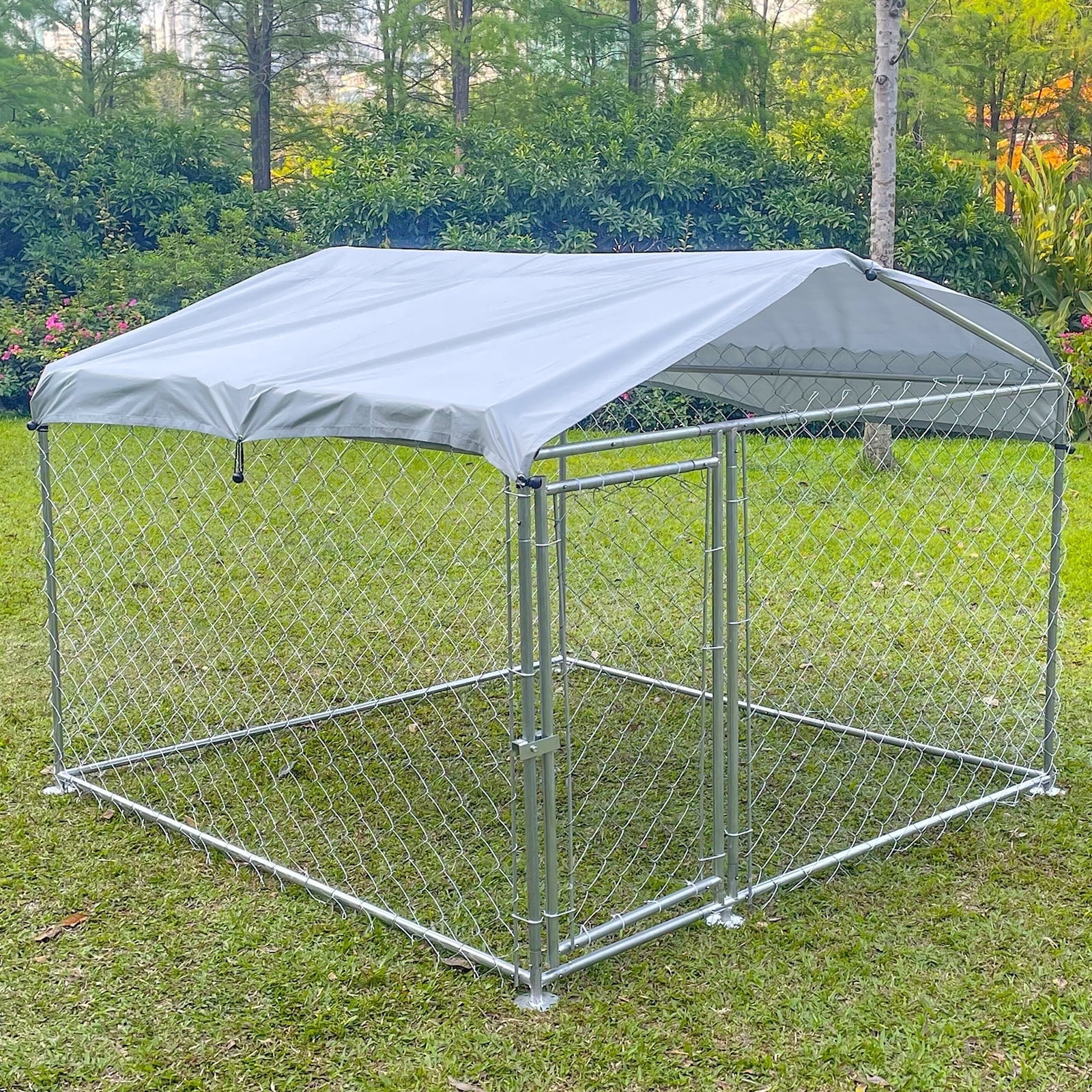 Outdoor Dog Kennel with UV Roof Cover, 78.7" x 78.7" x 59.1", Galvanized Steel Playpen, for Small/Medium Dogs