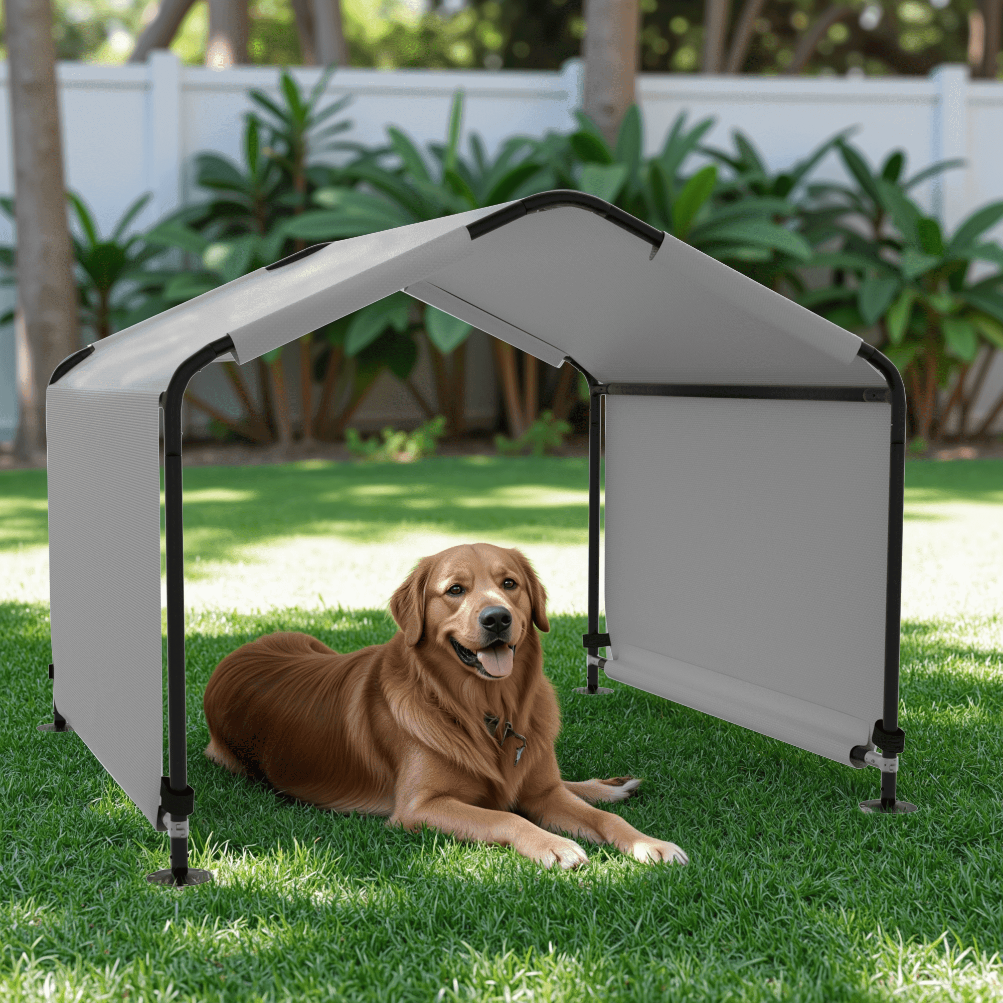 Outdoor Dog Shade Shelter 4'x4'x3' Portable Dog Tent Sun Rain Canopy for Outside Pet House for Large Medium Dogs, Cats, Pigs w/ Waterproof Roof, Ground Nails, Gray