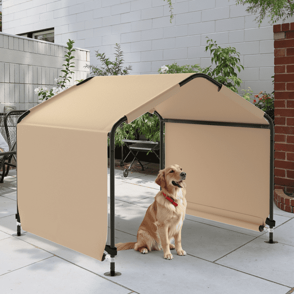 Outdoor Dog Shade Shelter 4'x4'x3' Portable Dog Tent Sun Rain Canopy for Outside Pet House for Large Medium Dogs, Cats, Pigs w/ Waterproof Roof, Ground Nails, Khaki