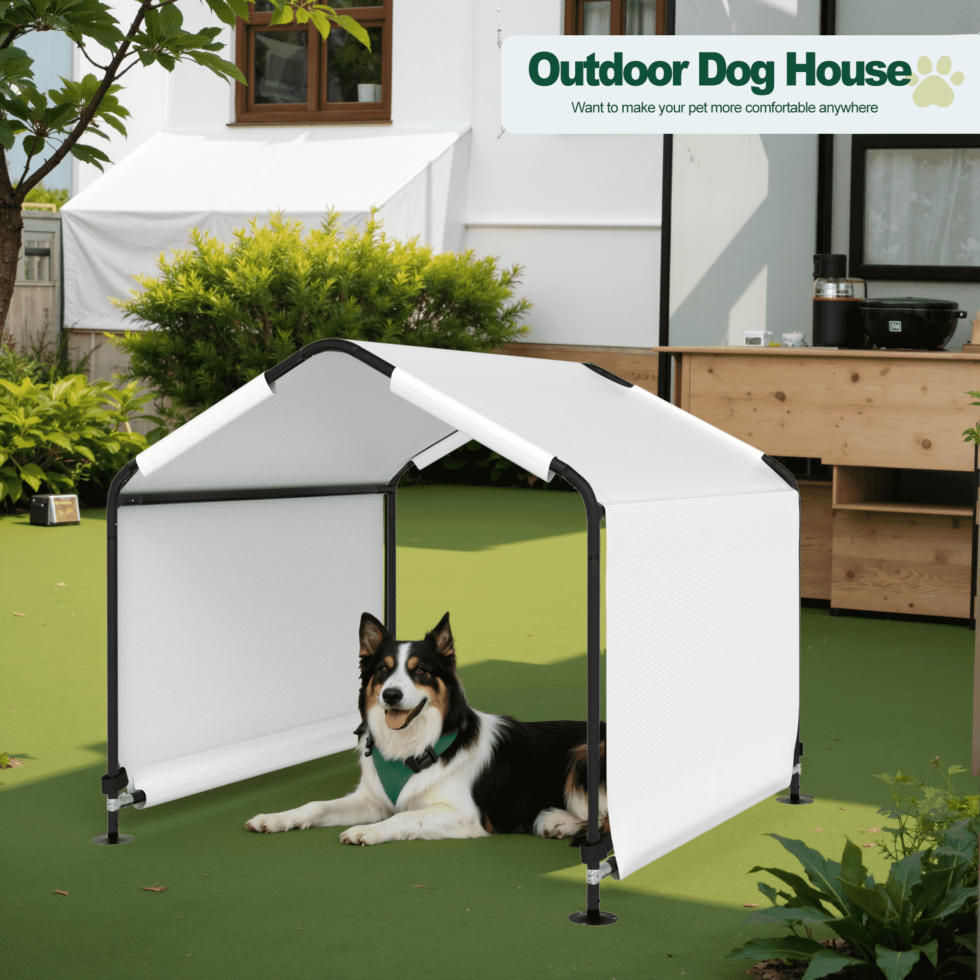 Outdoor Dog Shade Shelter 4'x4'x3' Portable Dog Tent Sun Rain Canopy for Outside Pet House for Large Medium Dogs, Cats, Pigs w/ Waterproof Roof, Ground Nails, White