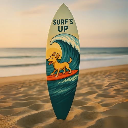 Outdoor Dog Surfboard Wall Art, Coastal Pet Wall Decor for Porch, Patio, Fence, PVC Beach House Decor for Dog Owners, Surfs Up, 5 foot