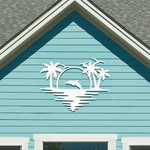 Outdoor Dolphin Wall Art, Coastal Wall Decor for Beach House, White PVC Dolphin Sign with Palm Trees Sunset, Nautical Ocean Decoration, 4 Foot