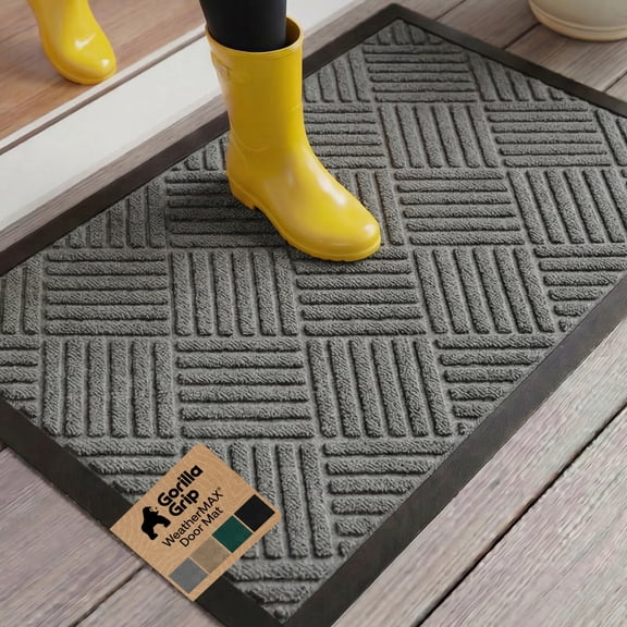 GORILLA GRIP Outside Doormat, WeatherMax Waterproof Indoor Outdoor Door Mat, 29x17 Gray Diamond