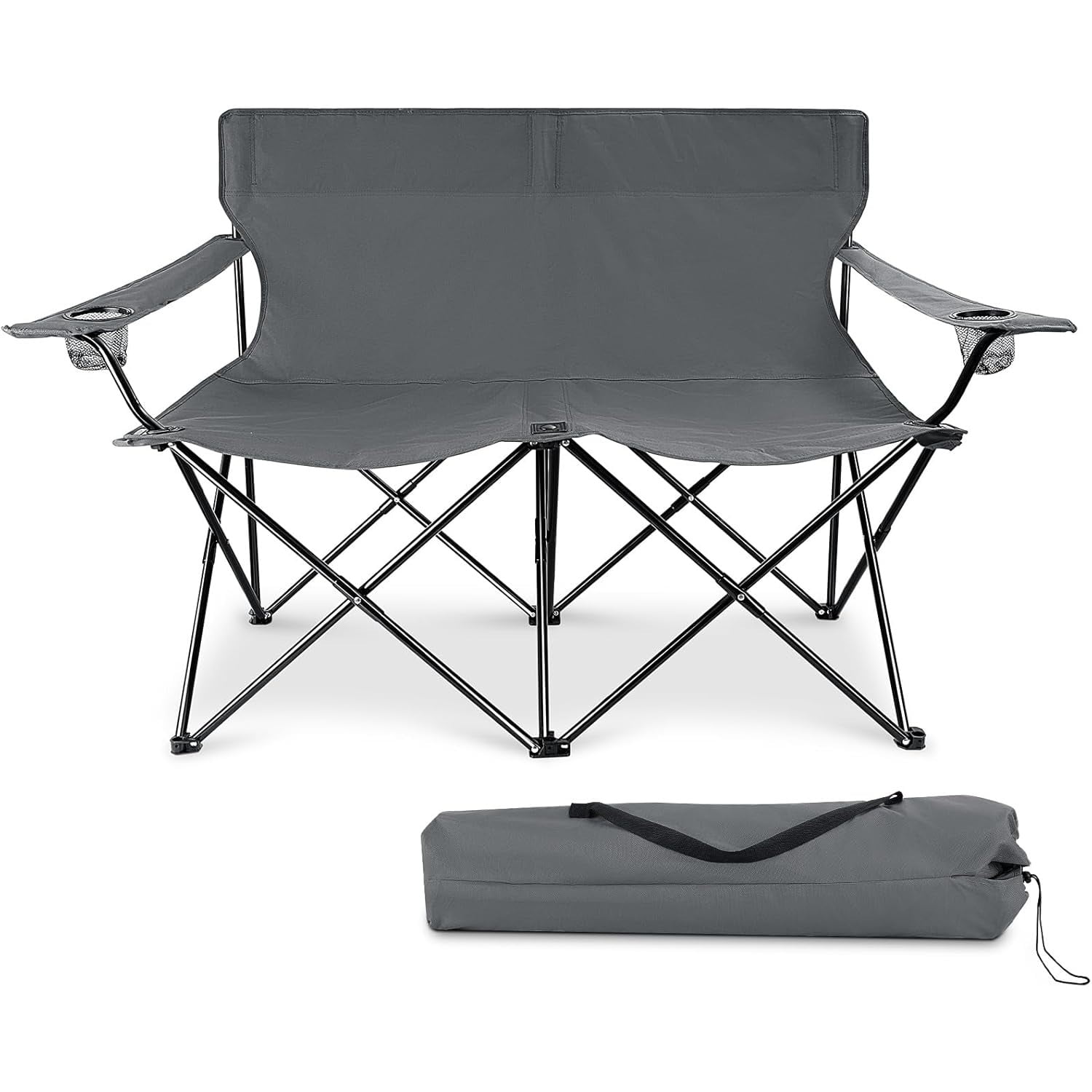 Outdoor Double Camping Chair, Folding Loveseat for Adults & Kids, Extra Wide Portable Chair with Heavy Duty Steel Frame for Lawn Beach Camp, with Carrying Bag, Cup Holders & Armrests (Grey)