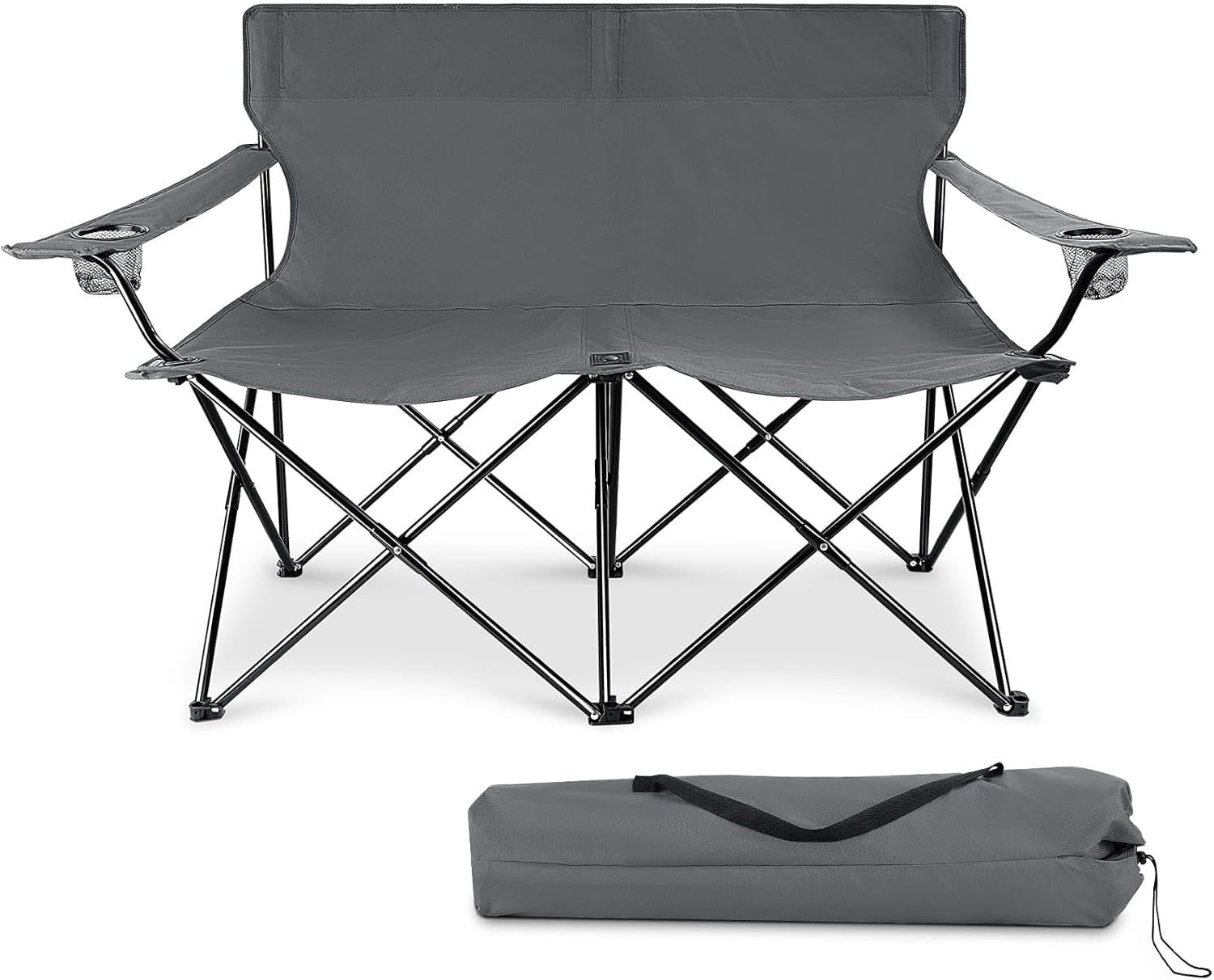 Outdoor Double Camping Chair, Folding Loveseat for Adults & Kids, Extra Wide Portable Chair with Heavy Duty Steel Frame for Lawn Beach Camp, with Carrying Bag, Cup Holders & Armrests (Grey)