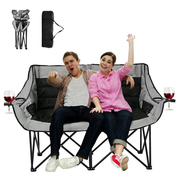 Outdoor Double Camping Chair Oversized Loveseat Camping Couch Folding Camping Chairs for Adults with Cup & Wine Glass Holder, Portable Double Chair for Camp Lawn Picnic, Support 600LBS