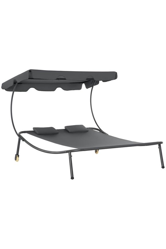 Outdoor Double Chaise Lounge Chair with Adjustable Canopy & Pillow - Heavy-Duty Wheeled Hammock Daybed, Ergonomic Design with Cushioned & Backrest, Durable Polyester Fabric for Poolside, Garden,