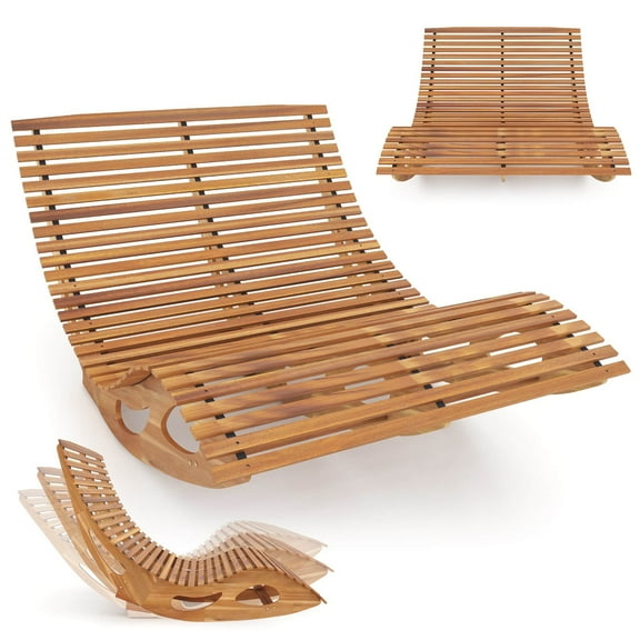 Outdoor Double Chaise Lounge for 2 with High Back Slatted Seat Stopper for Patio