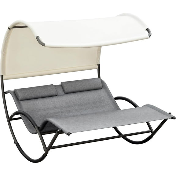 Outdoor Double Chaise Rocking Chair, Day Bed Sun Lounger with Canopy Shade, Headrest Pillow, Armrests for Garden, Poolside, Light Gray