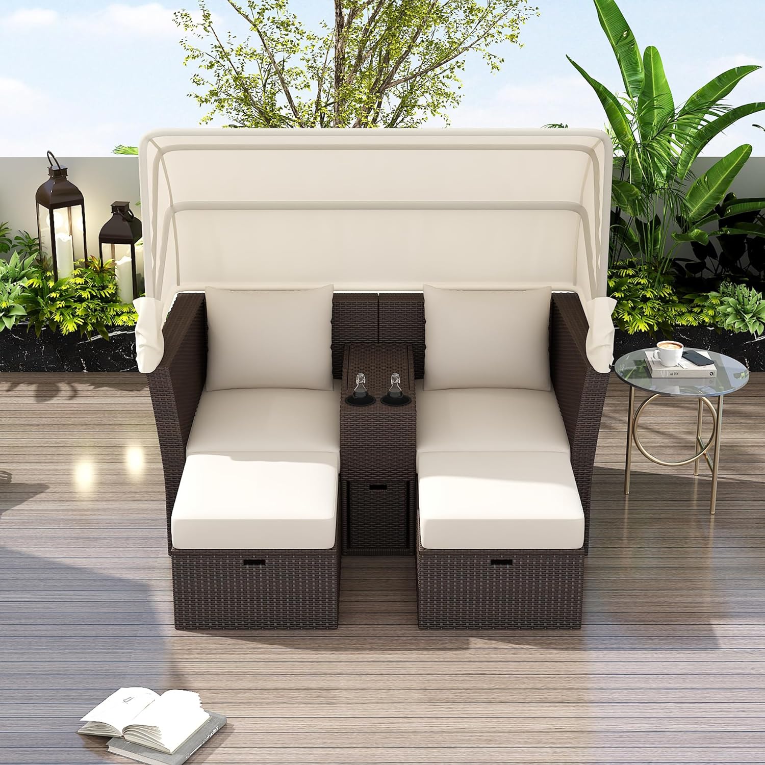 Outdoor Double Daybed with Retractable Canopy, 2Seater Patio Daybed