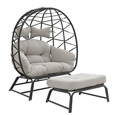 Outdoor Double Egg Chair w/Ottoman PE Rattan Wicker Papasan Chair w/Cushion for Patio Bedroom Living Room Balcony Backyard
